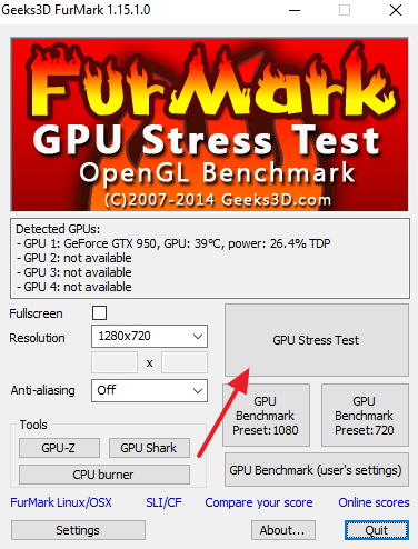 кнопка для запуска стресс теста FurMark