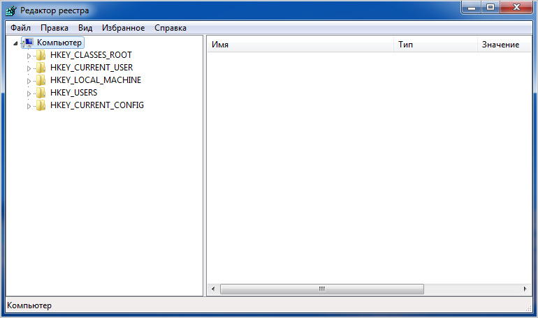 Интерфейс редактора реестра Windows 7