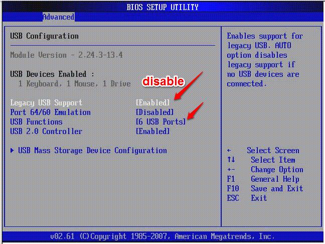 Включение и отключение поддержки USB на уровне BIOS