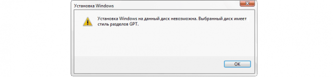 Рис. №1. Ошибка, возникающая при попытках установить систему на GPT диск