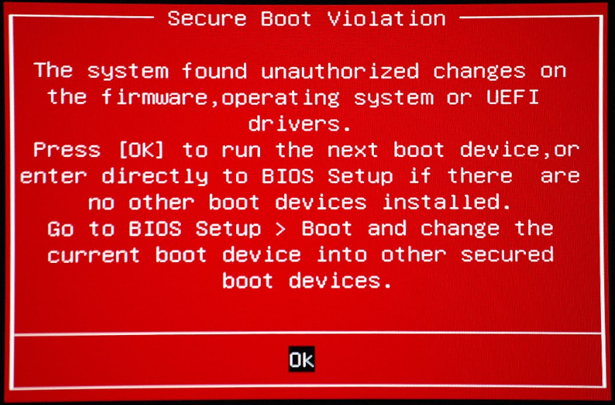 Рис.1. Сообщение при попытке поставить новую систему на компьютер с Security Boot.