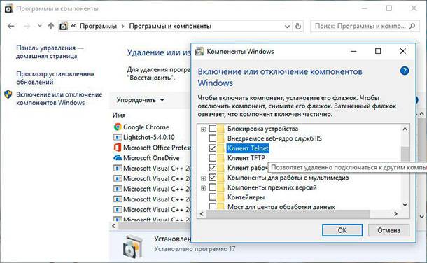 Компоненты Windows: Клиент Telnet