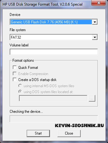форматирования с помощью программы HP USB Disk Storage Format Tool 