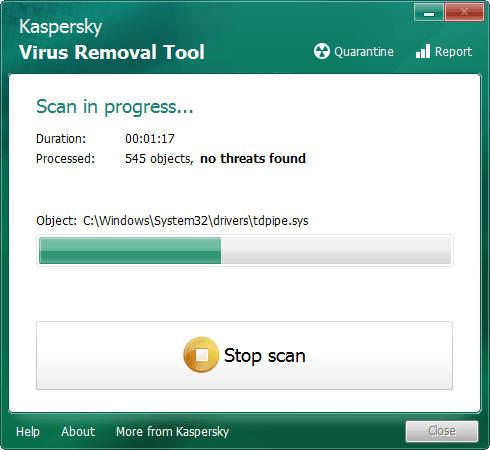Процесс сканирования на вирусную активность с помощью антивирусной утилиты Kaspersky Virus Removal Tool
