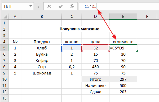 вычисление стоимости товара в Excel 
