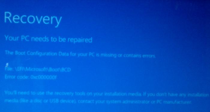 Ошибка загрузки Windows 8: The boot configuration data for your PC is missing or contains errors. File :\EFI\Microsoft\Boot\BCD Error code: 0xc000000f