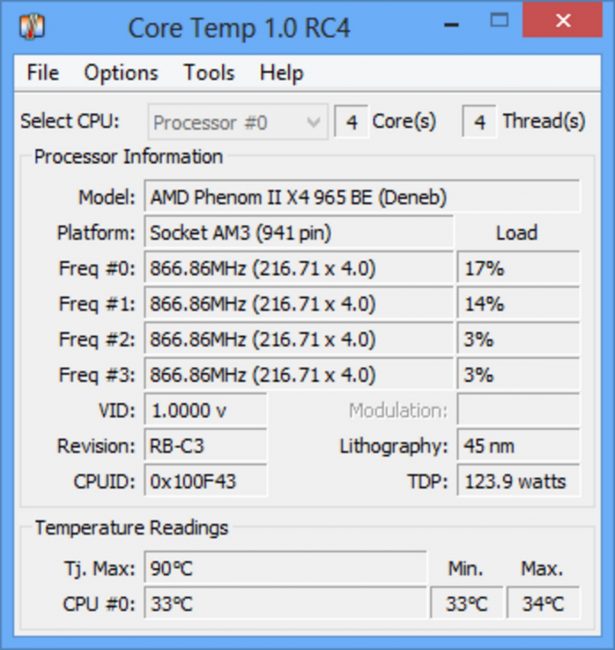 Рабочее окно программы Core Temp