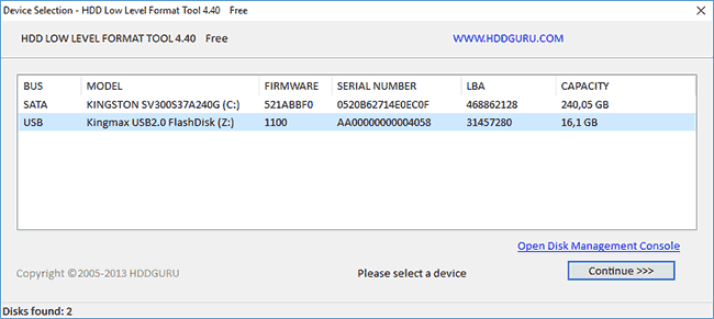 Выбор накопителя в HDD Low Level Format Tool