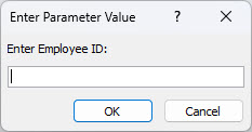 Показан пример ожидаемого диалогового окна "Введите значение параметра" с идентификатором "Введите код сотрудника", полем для ввода значений и кнопками "ОК" и "Отмена".
